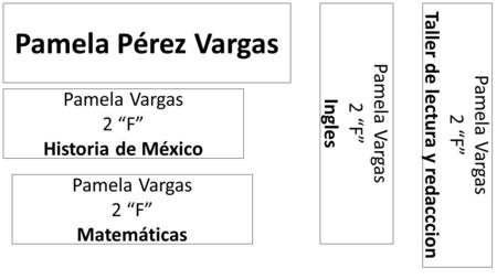 Pamela Pérez Vargas Pamela Vargas 2 “F” Matemáticas Pamela Vargas 2 “F” Historia de México Pamela Vargas 2 “F” Ingles Pamela Vargas 2 “F” Taller de lectura.
