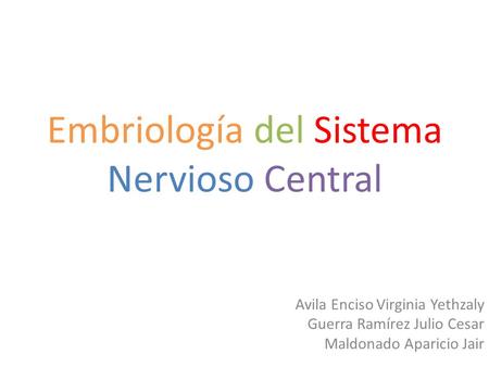 Embriología del Sistema Nervioso Central Avila Enciso Virginia Yethzaly Guerra Ramírez Julio Cesar Maldonado Aparicio Jair.