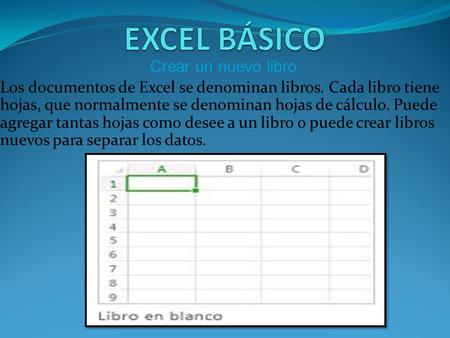 Crear un nuevo libro Los documentos de Excel se denominan libros. Cada libro tiene hojas, que normalmente se denominan hojas de cálculo. Puede agregar.