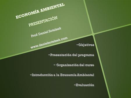 ECONOMÍA AMBIENTAL PRESENTACIÓN Prof: Daniel Sotelsek  - Objetivos - Presentación del programa - Organización del curso - Introducción.