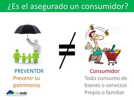 ¿Es el asegurado un consumidor? PREVENTOR Prevenir su patrimonio Consumidor Todo consumo de bienes o servicios Propio o familiar.