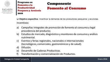 Delegación Estatal CampecheEnero 2016 Programa en Fomento a la Productividad Pesquera y Acuícola 2016 Componente Fomento al Consumo  Objetivo específico.