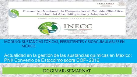 MODULO: SUSTANCIAS TÓXICAS, PERSISTENTES Y BIOACUMULABLES EN MÉXICO Actualidad en la gestión de las sustancias químicas en México: PNI/ Convenio de Estocolmo.
