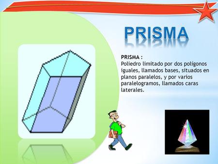 PRISMA : Poliedro limitado por dos polígonos iguales, llamados bases, situados en planos paralelos, y por varios paralelogramos, llamados caras laterales.
