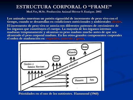 ESTRUCTURA CORPORAL O “FRAME” Med.Vet, M.Sc. Producción Animal Héctor S. Enrique. 2002 Los animales muestran un patrón sigmoidal de incremento de peso.