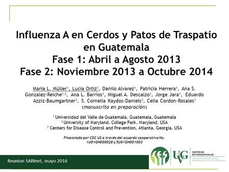Influenza A en Cerdos y Patos de Traspatio en Guatemala Fase 1: Abril a Agosto 2013 Fase 2: Noviembre 2013 a Octubre 2014 Maria L. Müller 1, Lucia Ortiz.