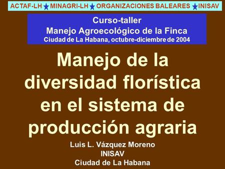 Manejo de la diversidad florística en el sistema de producción agraria Luis L. Vázquez Moreno INISAV Ciudad de La Habana ACTAF-LH MINAGRI-LH ORGANIZACIONES.