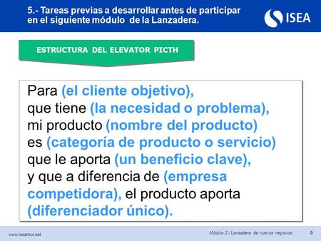 0 Módulo 2 / Lanzadera de nuevos negocios. CONSTATACIÓN Para (el cliente objetivo), que tiene (la necesidad o problema), mi producto (nombre.