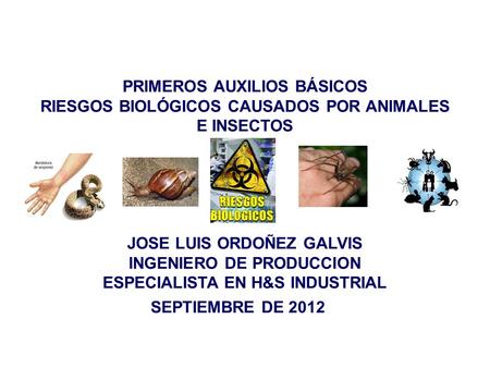 PRIMEROS AUXILIOS BÁSICOS RIESGOS BIOLÓGICOS CAUSADOS POR ANIMALES E INSECTOS JOSE LUIS ORDOÑEZ GALVIS INGENIERO DE PRODUCCION ESPECIALISTA EN H&S INDUSTRIAL.