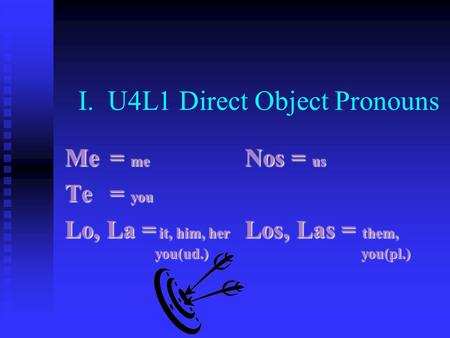 I. U4L1 Direct Object Pronouns Me= me Nos = us Te= you Lo, La = it, him, her Los, Las = them, you(ud.) you(pl.)