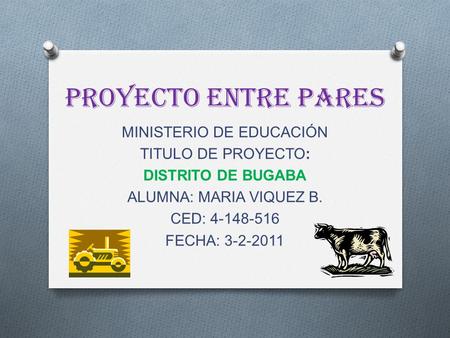 PROYECTO ENTRE PARES MINISTERIO DE EDUCACIÓN TITULO DE PROYECTO: DISTRITO DE BUGABA ALUMNA: MARIA VIQUEZ B. CED: 4-148-516 FECHA: 3-2-2011.