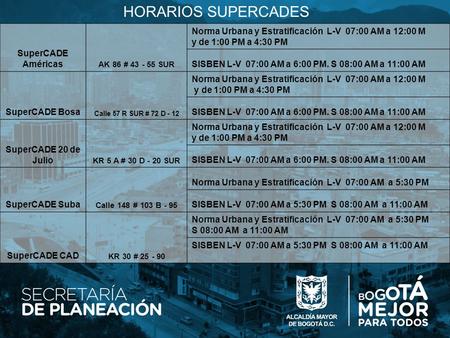 HORARIOS SUPERCADES SuperCADE Américas AK 86 # 43 - 55 SUR Norma Urbana y Estratificación L-V 07:00 AM a 12:00 M y de 1:00 PM a 4:30 PM SISBEN L-V 07:00.