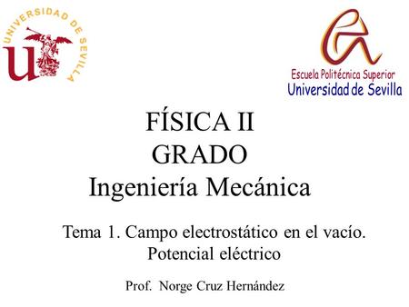 FÍSICA II GRADO Ingeniería Mecánica Prof. Norge Cruz Hernández Tema 1. Campo electrostático en el vacío. Potencial eléctrico.