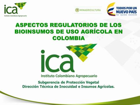 ASPECTOS REGULATORIOS DE LOS BIOINSUMOS DE USO AGRÍCOLA EN COLOMBIA Subgerencia de Protección Vegetal Dirección Técnica de Inocuidad e Insumos Agrícolas.