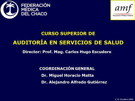 CURSO SUPERIOR DE AUDITORÍA EN SERVICIOS DE SALUD COORDINACIÓN GENERAL Dr. Miguel Horacio Matta Dr. Alejandro Alfredo Gutiérrez Director: Prof. Mag. Carlos.