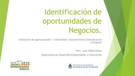 Identificación de oportunidades de Negocios. Validación de oportunidades / Creatividad /Asociativismo/Comunicación y Empatía Prof. Juan Pablo Dillon Especialista.