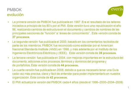 1 La primera versión de PMBOK fue publicada en 1987.Era el resultado de los talleres iniciados a principio de los 80’s por el PMI. Esta versión tuvo una.