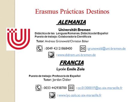 Erasmus Prácticas Destinos Universität Bremen Universität Bremen Didáctica de las Lenguas Romanas. Didáctica del Español Puesto de trabajo: Colaborador/a.