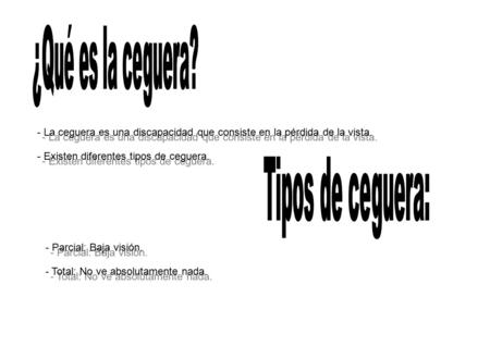 - La ceguera es una discapacidad que consiste en la pérdida de la vista. - Existen diferentes tipos de ceguera. - La ceguera es una discapacidad que consiste.