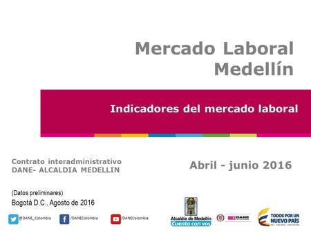 @DANE_Colombia/DANEColombia Mercado Laboral Medellín Indicadores del mercado laboral Abril - junio 2016 Contrato interadministrativo DANE- ALCALDIA MEDELLIN.