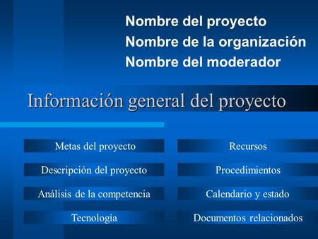 Información general del proyecto Nombre del proyecto Nombre de la organización Nombre del moderador Metas del proyecto Descripción del proyecto Análisis.