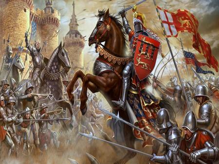 En esta imagen veo caballeros en una batalla con sus armas, escudos y caballos. De fondo, se ven banderas y un gran castillo.