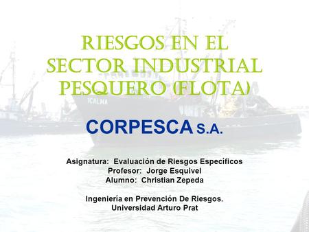 RIESGOS EN EL Sector Industrial Pesquero (FLOTA) CORPESCA S.A. Asignatura: Evaluación de Riesgos Específicos Profesor: Jorge Esquivel Alumno: Christian.