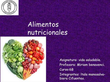 Alimentos nutricionales Asignatura: vida saludable. Profesora: Miriam benavenci. Curso:6B Integrantes: ítala manosalva- biera Cifuentes.