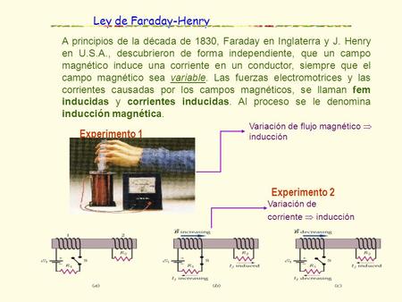 Ley de Faraday-Henry A principios de la década de 1830, Faraday en Inglaterra y J. Henry en U.S.A., descubrieron de forma independiente, que un campo magnético.