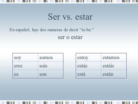 Ser vs. estar En español, hay dos maneras de decir “to be:” ser o estar soysomos eressois esson estoyestamos estásestáis estáestán.