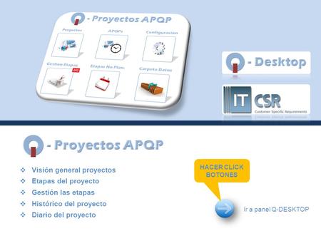  Visión general proyectos  Etapas del proyecto  Gestión las etapas  Histórico del proyecto  Diario del proyecto Ir a panel Q-DESKTOP HACER CLICK.