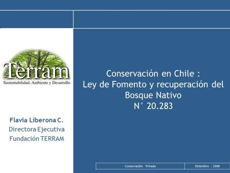 Conservación PrivadaDiciembre. 2008 Conservación en Chile : Ley de Fomento y recuperación del Bosque Nativo N° 20.283 Flavia Liberona C. Directora Ejecutiva.