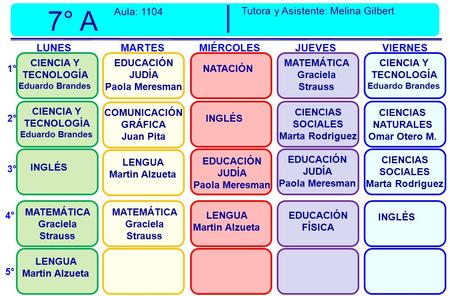 INGLÉS COMUNICACIÓN GRÁFICA Juan Pita MATEMÁTICA Graciela Strauss 7° A LUNES MARTES MIÉRCOLES JUEVES VIERNES 1° CIENCIAS NATURALES Omar Otero M. LENGUA.