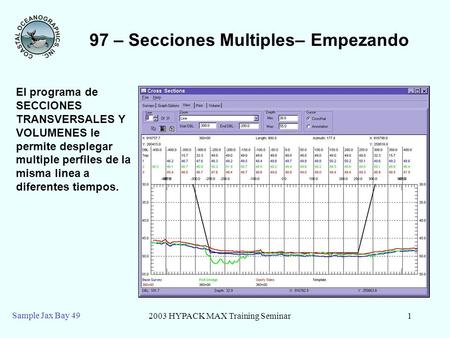2003 HYPACK MAX Training Seminar1 Sample Jax Bay 49 El programa de SECCIONES TRANSVERSALES Y VOLUMENES le permite desplegar multiple perfiles de la misma.
