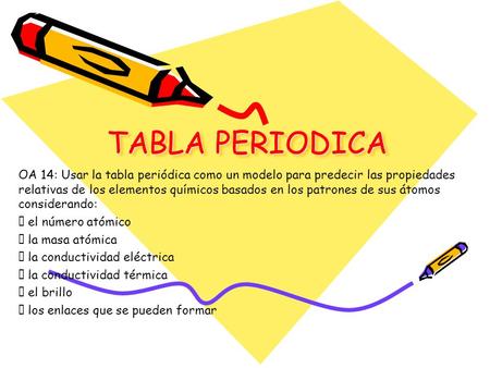 TABLA PERIODICA OA 14: Usar la tabla periódica como un modelo para predecir las propiedades relativas de los elementos químicos basados en los patrones.
