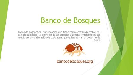 Banco de Bosques Banco de Bosques es una fundación que tiene como objetivos combatir el cambio climático, la extinción de las especies y generar empleo.