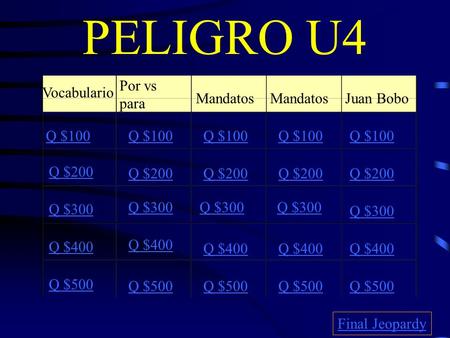 PELIGRO U4 Vocabulario Por vs para Mandatos Juan Bobo Q $100 Q $200 Q $300 Q $400 Q $500 Q $100 Q $200 Q $300 Q $400 Q $500 Final Jeopardy.
