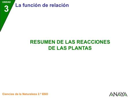 UNIDAD 3 La función de relación Ciencias de la Naturaleza 2.º ESO RESUMEN DE LAS REACCIONES DE LAS PLANTAS.