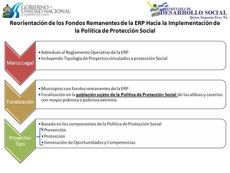 Reorientación de los Fondos Remanentes de la ERP Hacia la Implementación de la Política de Protección Social Marco Legal Adendum al Reglamento Operativo.