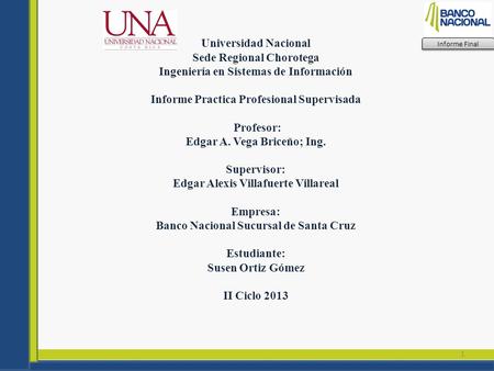 Informe Final Universidad Nacional Sede Regional Chorotega Ingeniería en Sistemas de Información Informe Practica Profesional Supervisada Profesor: Edgar.