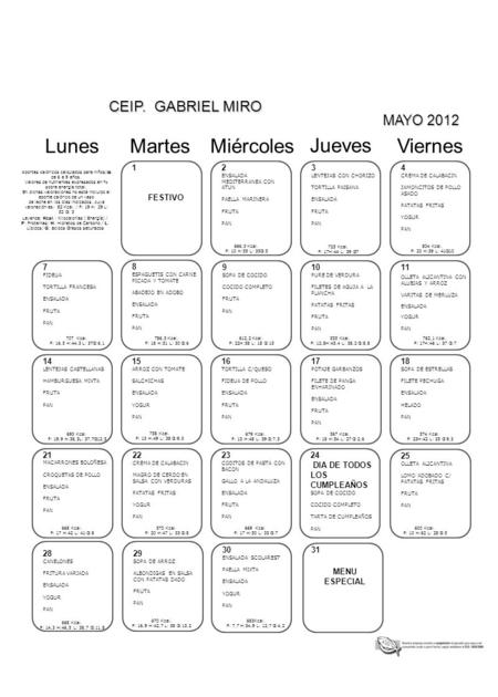 MAYO 2012 LunesMiércoles Viernes Jueves Martes 1 FESTIVO 2 ENSALADA MEDITERRANEA CON ATUN PAELLA MARINERA FRUTA PAN 4 CREMA DE CALABACIN JAMONCITOS DE.