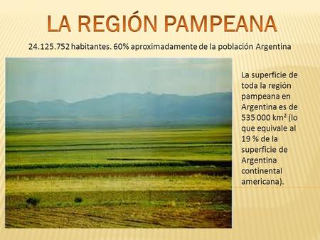 24.125.752 habitantes. 60% aproximadamente de la población Argentina La superficie de toda la región pampeana en Argentina es de 535 000 km² (lo que equivale.
