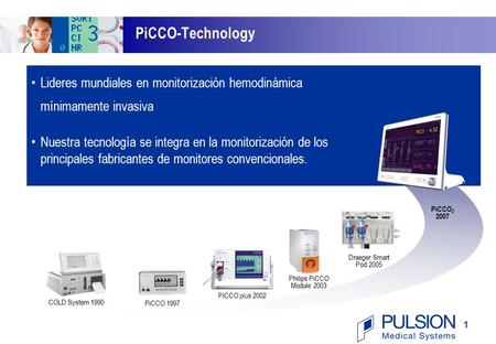 1 PiCCO-Technology COLD System 1990 PiCCO 1997 PiCCO plus 2002 Philips PiCCO Module 2003 Draeger Smart Pod 2005 Lideres mundiales en monitorización hemodinámica.
