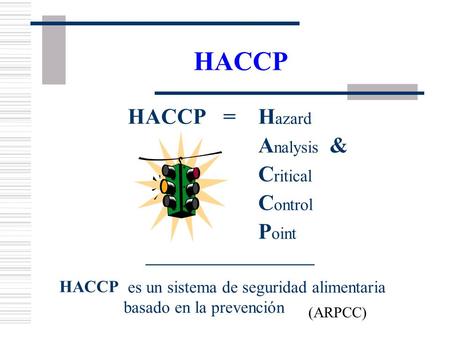 HACCP =H azard A nalysis & C ritical C ontrol P oint ____________________ HACCP es un sistema de seguridad alimentaria basado en la prevención (ARPCC)