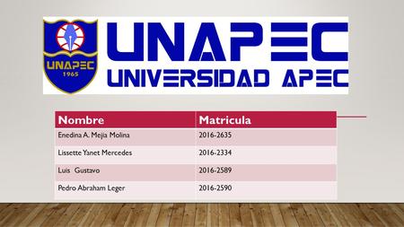 NombreMatricula Enedina A. Mejia Molina Lissette Yanet Mercedes Luis Gustavo Pedro Abraham Leger