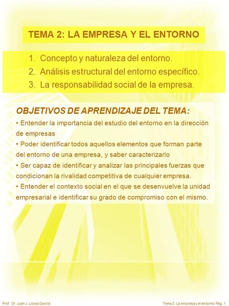 Tema 2: La empresa y el entorno. Pág. 1Prof. Dr. Juan J. López García TEMA 2: LA EMPRESA Y EL ENTORNO 1.Concepto y naturaleza del entorno. 2.Análisis estructural.