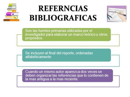 REFERNCIAS BIBLIOGRAFICAS Son las fuentes primarias utilizadas por el investigador para elaborar un marco teórico u otros propósitos. Se incluyen al final.