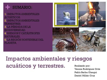 + Impactos ambientales y riesgos acuáticos y terrestres. Realizado por: Vanesa Rodríguez Ortiz Pablo Barba Olaegui Daniel Millán Cruz SUMARIO: 1. IMPACTOS.