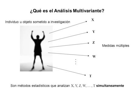 ¿Qué es el Análisis Multivariante? X Y Z W T Son métodos estadísticos que analizan X, Y, Z, W, …, T simultaneamente Medidas múltiples Individuo u objeto.