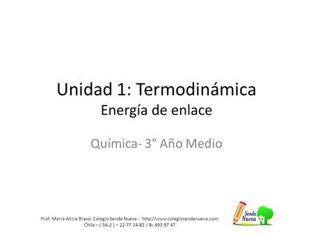 Unidad 1: Termodinámica Energía de enlace Química- 3° Año Medio Prof. María Alicia Bravo. Colegio Senda Nueva -  Chile.
